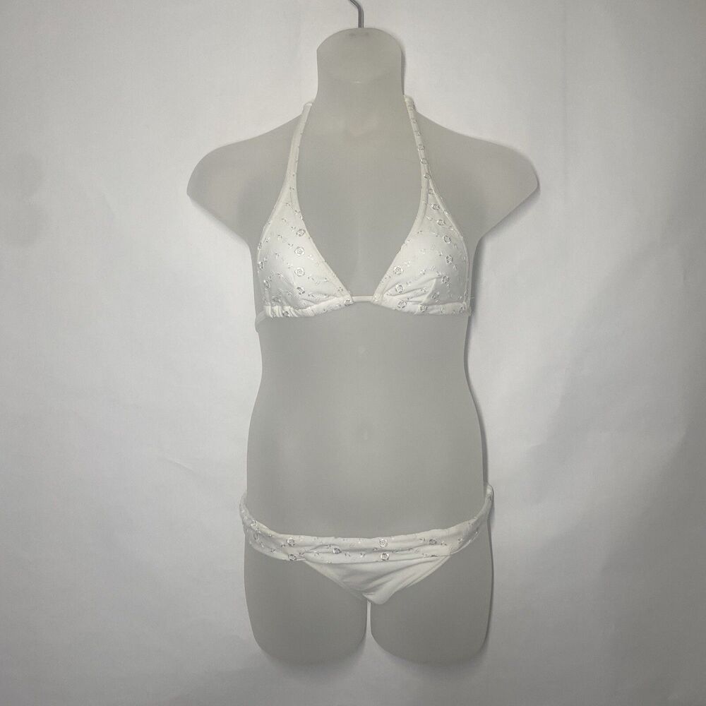Agua Doce Bikini Brazilian 2-pc Women M White Floral Embroidery Side Tie